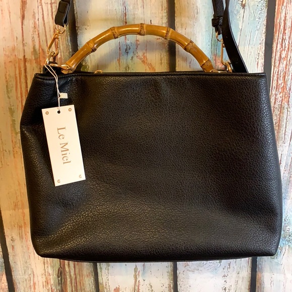 le miel Bags Nwt Le Miel Black Vegan Black Zipper Purse With Faux Bamboo Handle Poshmark